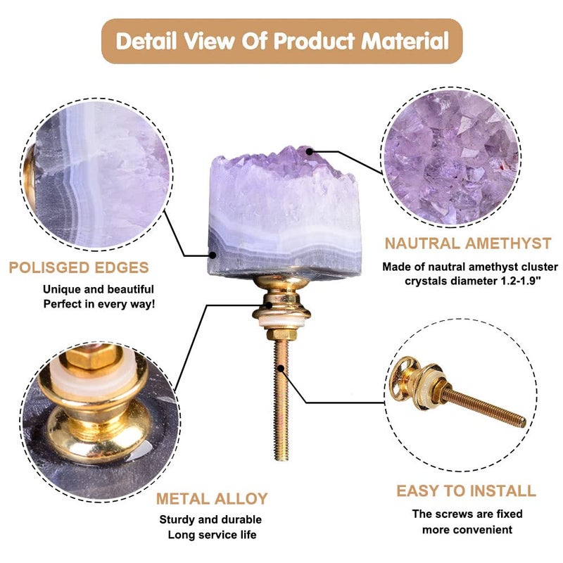 JIC Gem Set of 2 Amethyst Drawer Knobs Crystal Stone Cabinet Knobs Kitchen Cupboard Pull Handles - Image 3